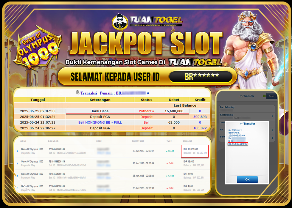 TUANTOGEL JACKPOT SLOT GATES OF OLYMPUS 1000 Rp16.600.000, - LUNAS